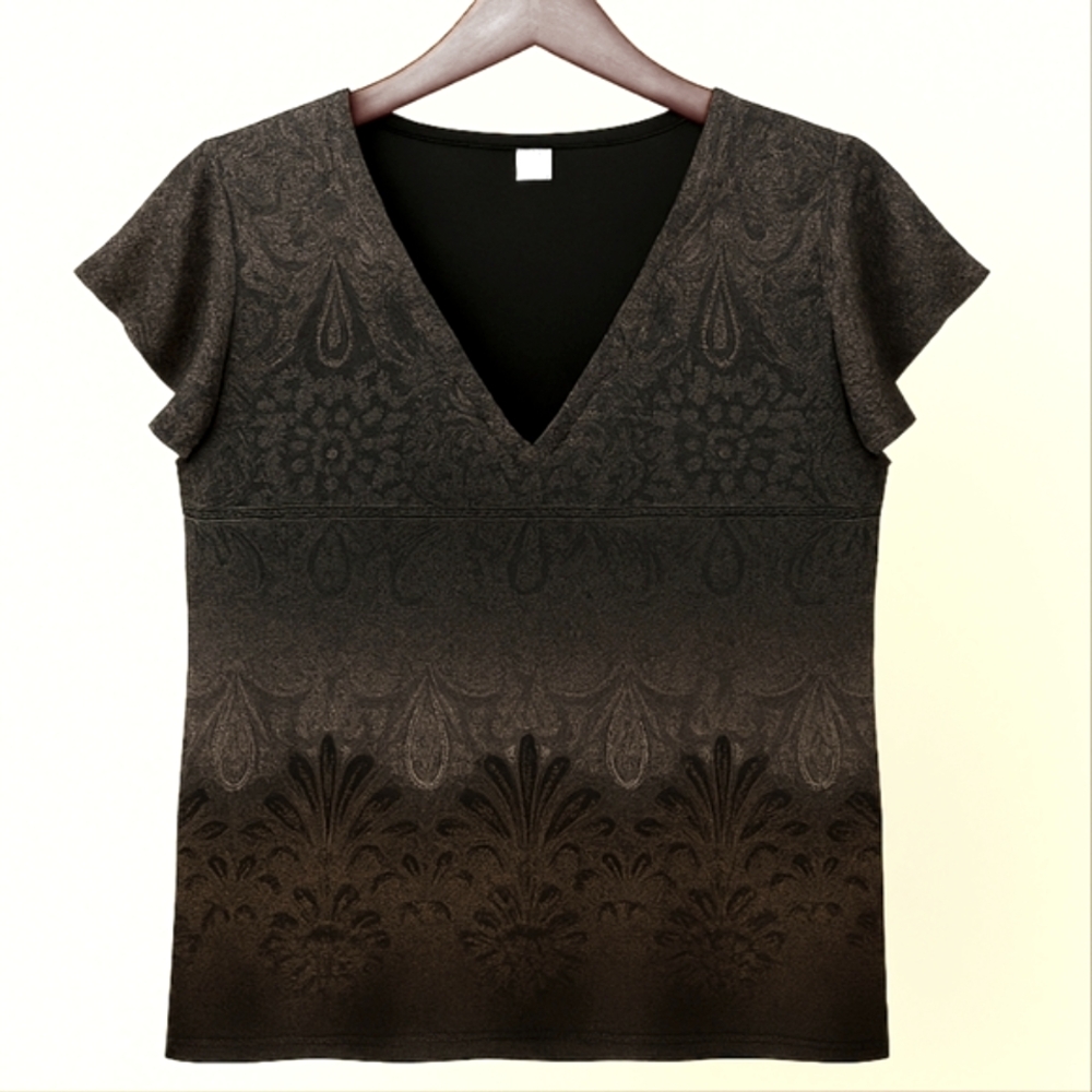 Liz Wear Women's Charcoal Gray Ombre Paisley V-Neck Flutter Sleeve Top – Size XL